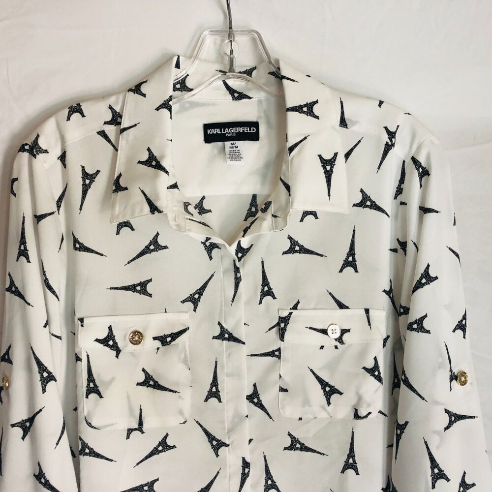 Karl Lagerfeld Women's Size Medium Eiffel Tower Print Button Up Blouse Top - Picture 2 of 5
